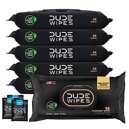 DUDE Wipes - Flushable Wipes - 6 Pack, 288 Wipes - Shea BUTTer Smooth Extra-Large Adult Wet Wipes - Vitamin-E & Aloe - Septic and Sewer Safe + 3 On-The-Go Wipes