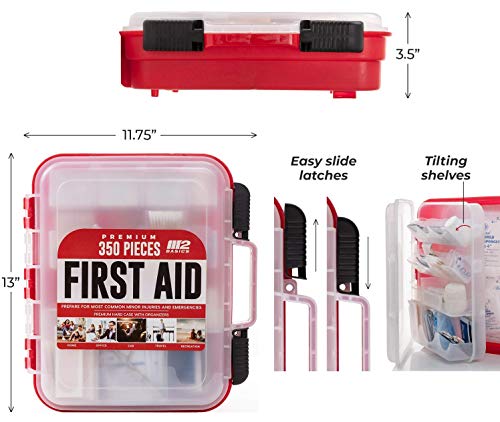 M2 BASICS Professional 350 Piece Emergency First Aid Kit | Business & Home Medical Supplies | Hard Case, Dual Layer, Wall Mountable | Office, Car, School, Camping, Hunting, Sports