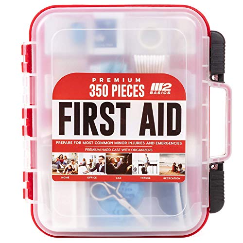 M2 BASICS Professional 350 Piece Emergency First Aid Kit | Business & Home Medical Supplies | Hard Case, Dual Layer, Wall Mountable | Office, Car, School, Camping, Hunting, Sports