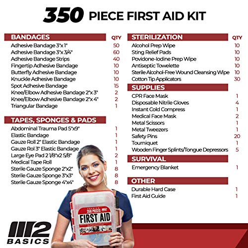 M2 BASICS Professional 350 Piece Emergency First Aid Kit | Business & Home Medical Supplies | Hard Case, Dual Layer, Wall Mountable | Office, Car, School, Camping, Hunting, Sports