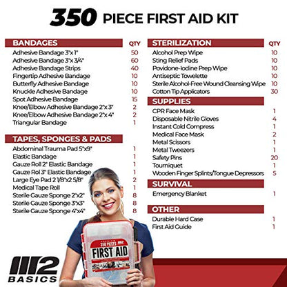 M2 BASICS Professional 350 Piece Emergency First Aid Kit | Business & Home Medical Supplies | Hard Case, Dual Layer, Wall Mountable | Office, Car, School, Camping, Hunting, Sports