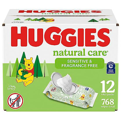 Huggies Natural Care Sensitive Baby Wipes, Unscented, Hypoallergenic, 99% Purified Water, 12 Flip-Top Packs (768 Wipes Total), Packaging May Vary