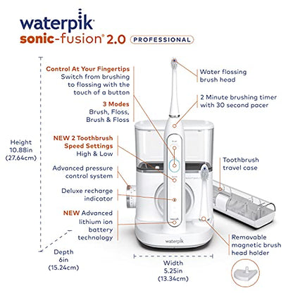 Waterpik Sonic-Fusion 2.0 Professional Flossing Toothbrush, Electric Toothbrush and Water Flosser Combo In One, White