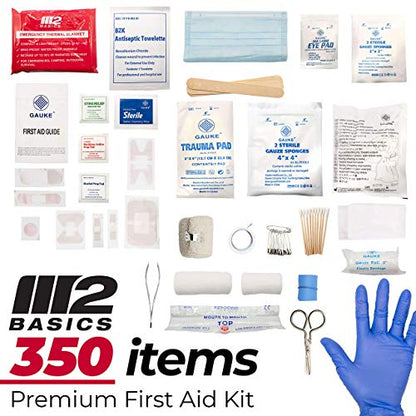 M2 BASICS Professional 350 Piece Emergency First Aid Kit | Business & Home Medical Supplies | Hard Case, Dual Layer, Wall Mountable | Office, Car, School, Camping, Hunting, Sports