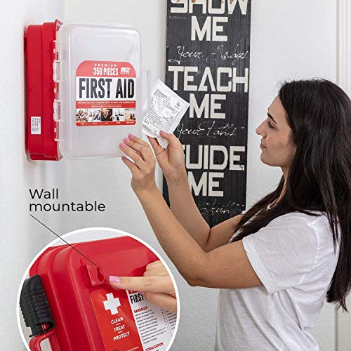 M2 BASICS Professional 350 Piece Emergency First Aid Kit | Business & Home Medical Supplies | Hard Case, Dual Layer, Wall Mountable | Office, Car, School, Camping, Hunting, Sports