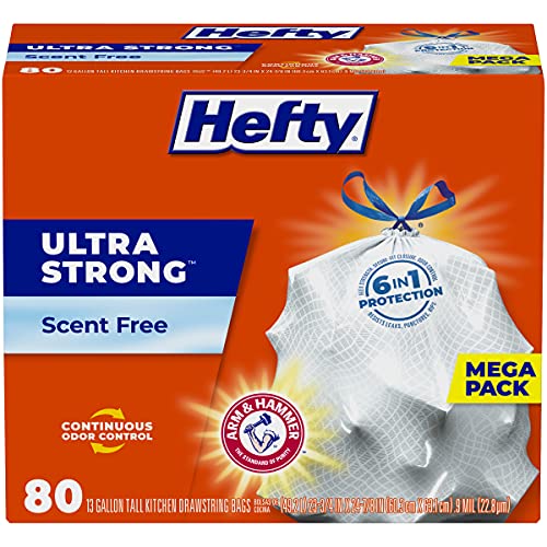 Hefty Ultra Strong Tall Kitchen Trash Bags, Unscented, 13 Gallon, 80 Count