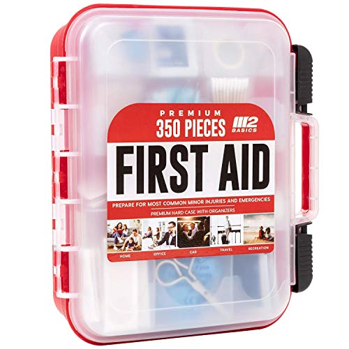 M2 BASICS Professional 350 Piece Emergency First Aid Kit | Business & Home Medical Supplies | Hard Case, Dual Layer, Wall Mountable | Office, Car, School, Camping, Hunting, Sports