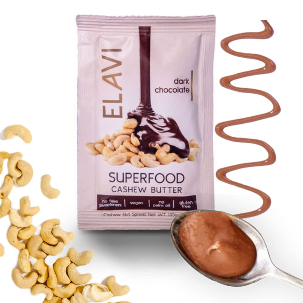 ELAVI Dark Chocolate Superfood Nut Butter - Cashew Butter with Antioxidant Rich Cocoa to support Mood, Energy | Vegan, Keto, No Added Sugar, No Palm Oil | Pack of 8, 31g Packets