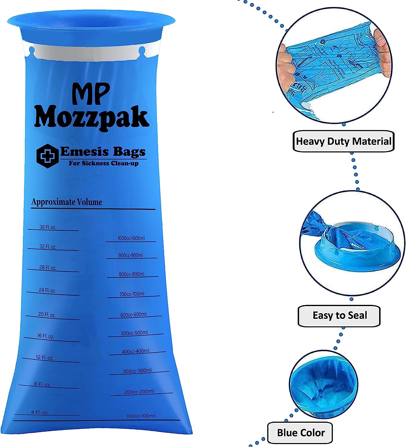 MP MOZZPAK Vomit Bags Disposable – 35 Pack – 1000ml Barf Bags – Leak Resistant, Medical Grade, Portable Emesis Bags, Puke, Throw Up, Nausea Bags for Travel Motion Sickness, Car & Aircraft, Kids, Taxi