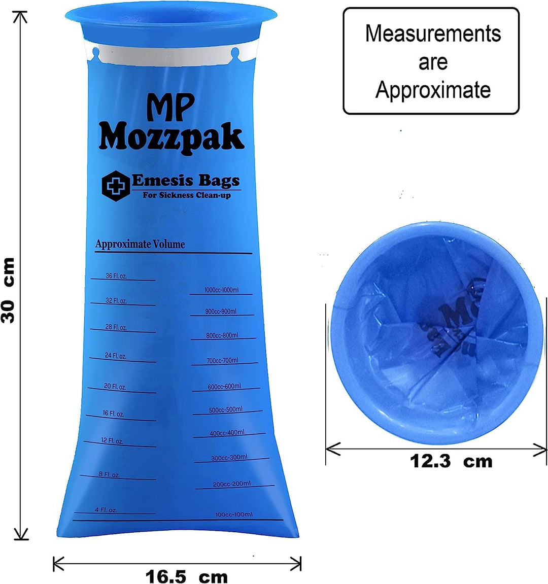 MP MOZZPAK Vomit Bags Disposable – 35 Pack – 1000ml Barf Bags – Leak Resistant, Medical Grade, Portable Emesis Bags, Puke, Throw Up, Nausea Bags for Travel Motion Sickness, Car & Aircraft, Kids, Taxi
