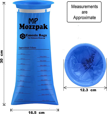 MP MOZZPAK Vomit Bags Disposable – 35 Pack – 1000ml Barf Bags – Leak Resistant, Medical Grade, Portable Emesis Bags, Puke, Throw Up, Nausea Bags for Travel Motion Sickness, Car & Aircraft, Kids, Taxi