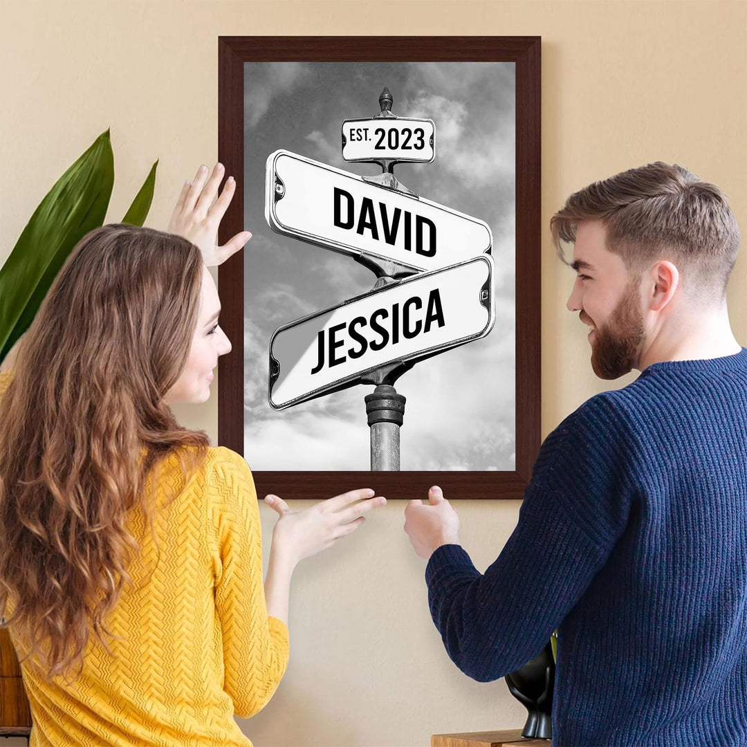 Personalized Canvas Vintage Street Sign For Couples, Crossroads Street Sign Best Gift For Сouple, Custom Name And Date Vintage Street Sign Canvas Poster Print, Wedding Street Art Canvas Or Poster #1