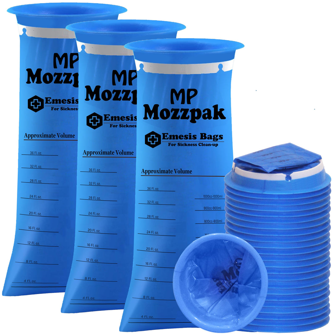 MP MOZZPAK Vomit Bags Disposable – 35 Pack – 1000ml Barf Bags – Leak Resistant, Medical Grade, Portable Emesis Bags, Puke, Throw Up, Nausea Bags for Travel Motion Sickness, Car & Aircraft, Kids, Taxi